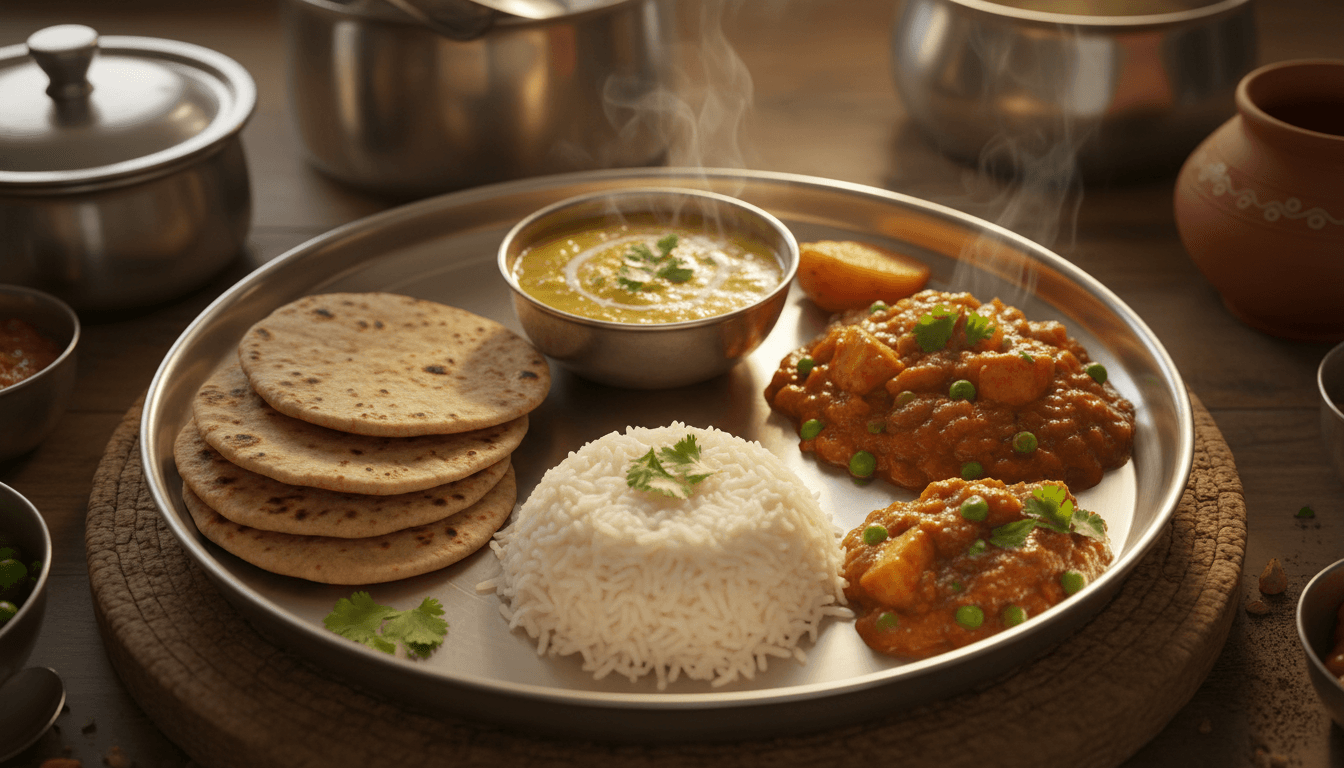 Fresh home-style vegetarian thali with dal, rice, and curry prepared at New Mahakal hotel