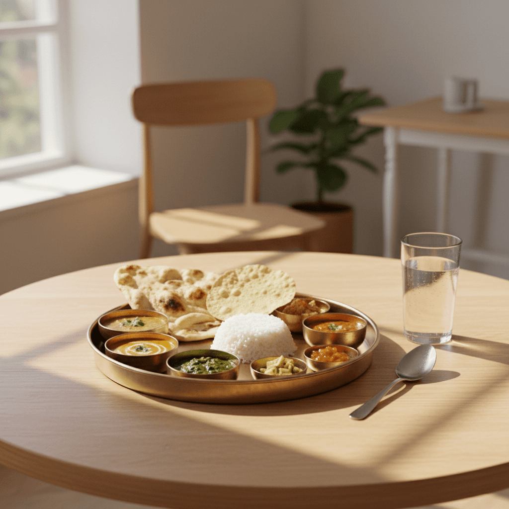 Home-style vegetarian thali at dining table